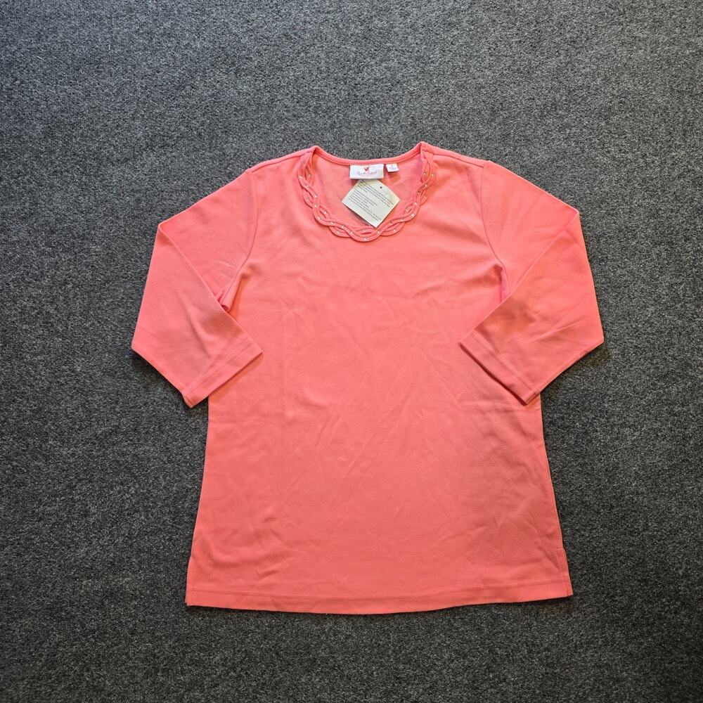 Quacker Factory Top Womens Small Orange Rhinestones 3/4 Sleeve Classic Casual